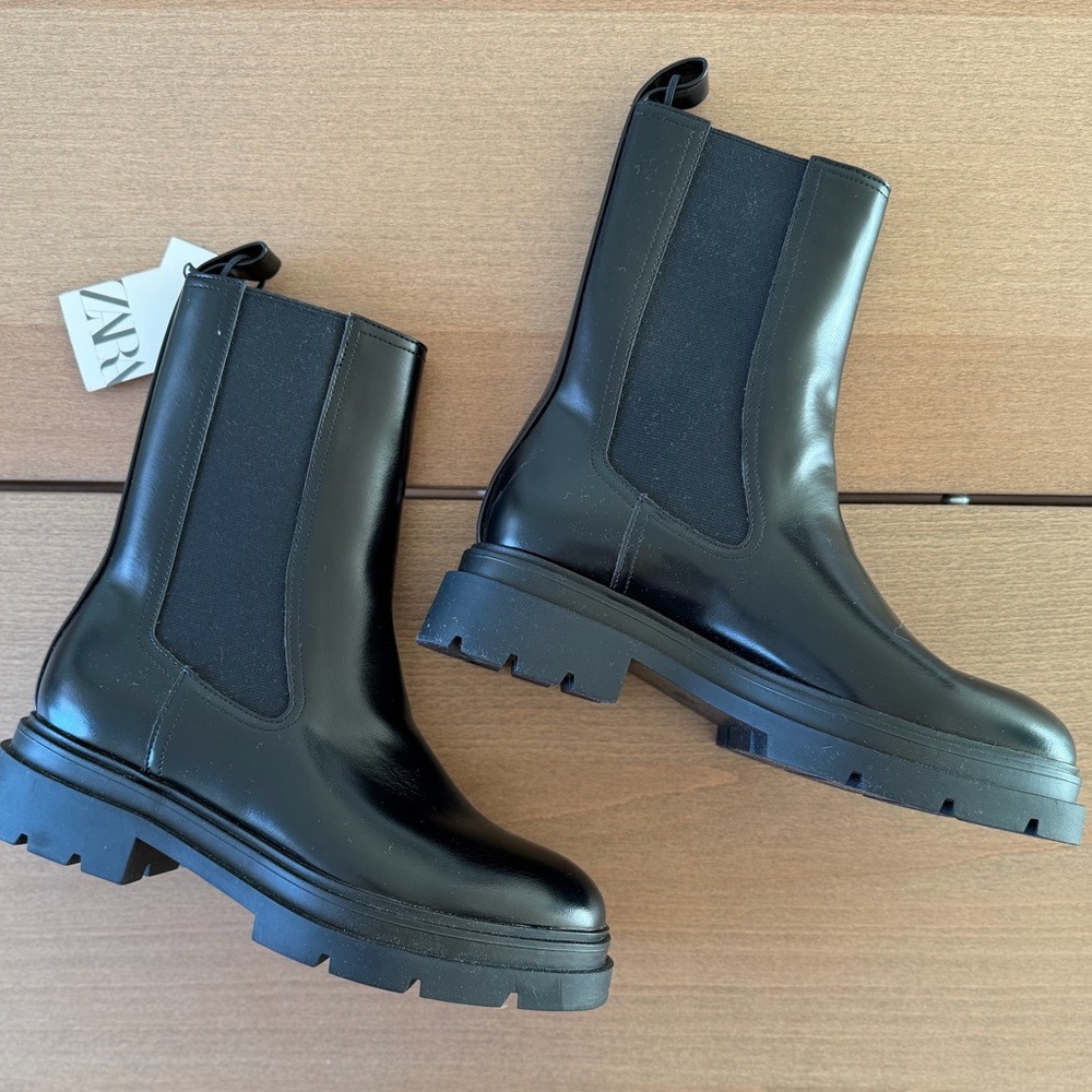 Zara Black Leather Chelsea Ankle Boots